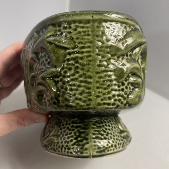MCM Planter Vase Vintage 1950's Pedestal Ceramic Gloss‎ Green Raised Design - Picture 7 of 9